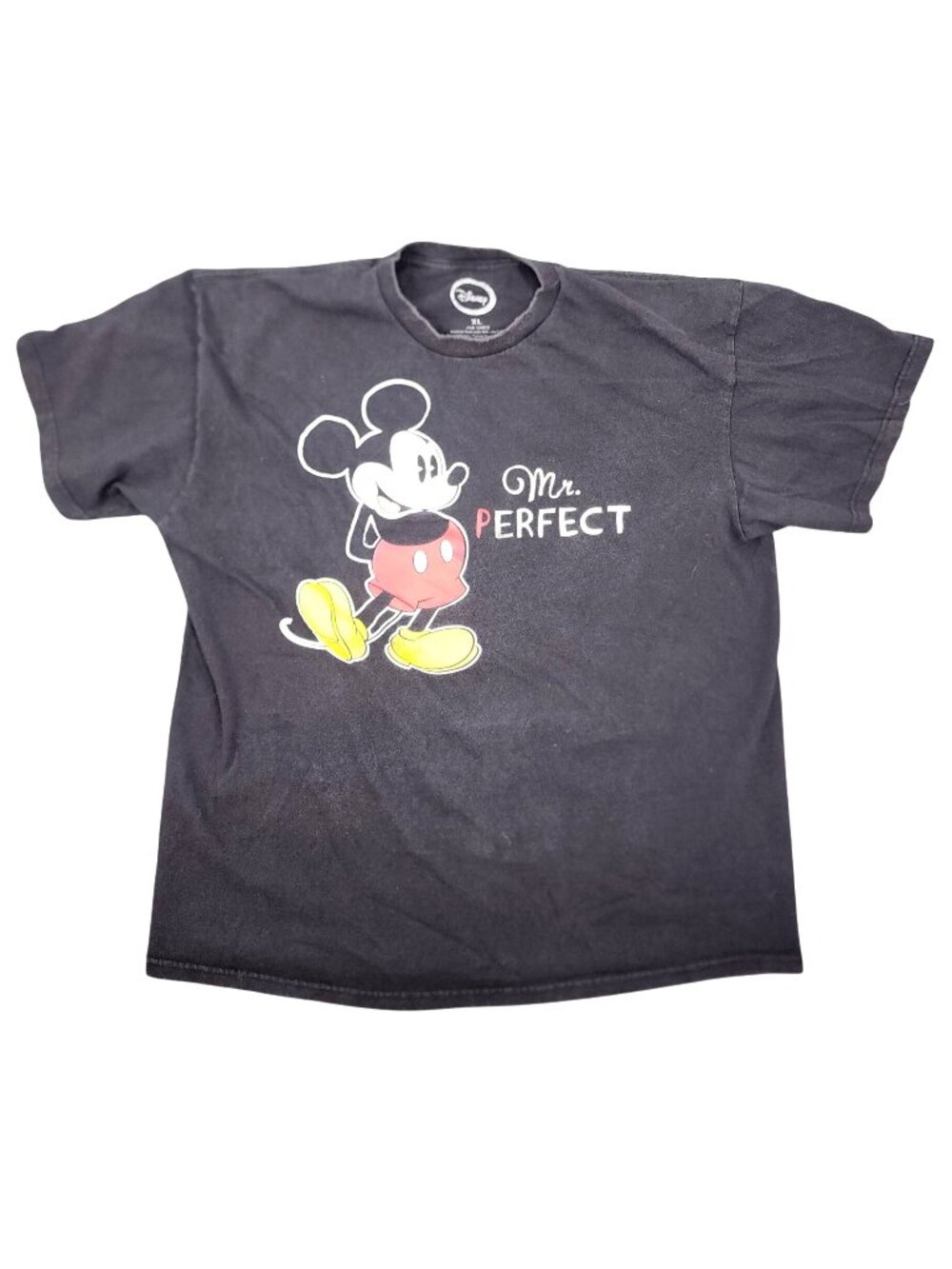 Men's Disney Mickey Mouse Mr. Perfect Black T-Shirt XL 100% Cotton Top Tee